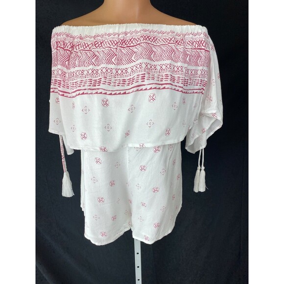 Elan Romper Off Shoulder White & Red Short Sleeves w Tassels Size M Rayon - Picture 6 of 7